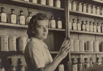 Helena Krywaniuk in the Pod Orłem Pharmacy, Kraków, 1942.