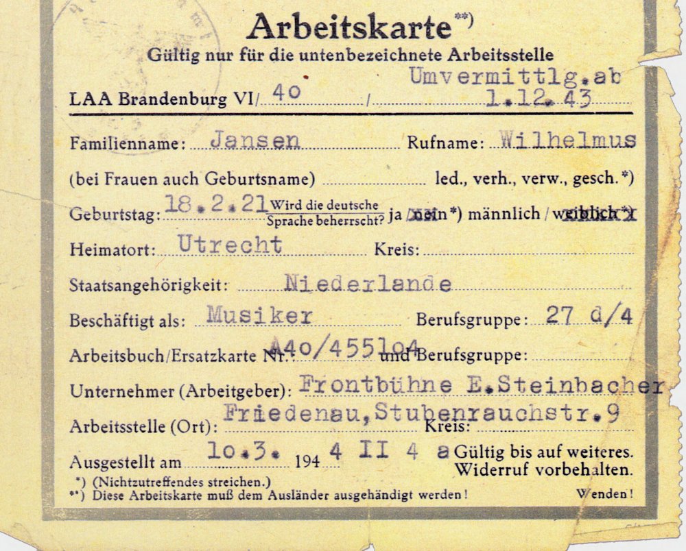 Fotografie: Gefälschte Arbeitskarte für Ralph Neumann, erhalten von Ruth Andreas-Friedrich im April 1945