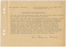 Fotografie: Bestätigung von Toni Boronow-Kaliski über Magdalena Heilmanns Hilfen für Verfolgte, Berlin, 9. Mai 1949