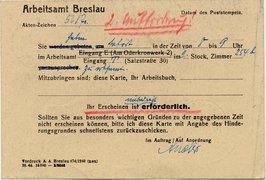 Zweite Vorladung des Arbeitsamtes Breslau für Lilli Michalski vom 23. November 1944, als die Familie bereits untergetaucht war