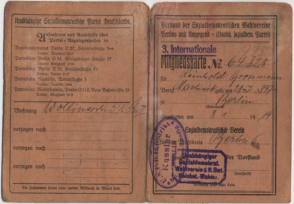 Fotografie: Reinhold Großmanns Mitgliedskarte der Unabhängigen Sozialdemokratischen Partei Deutschlands (USDP), Berlin 1919