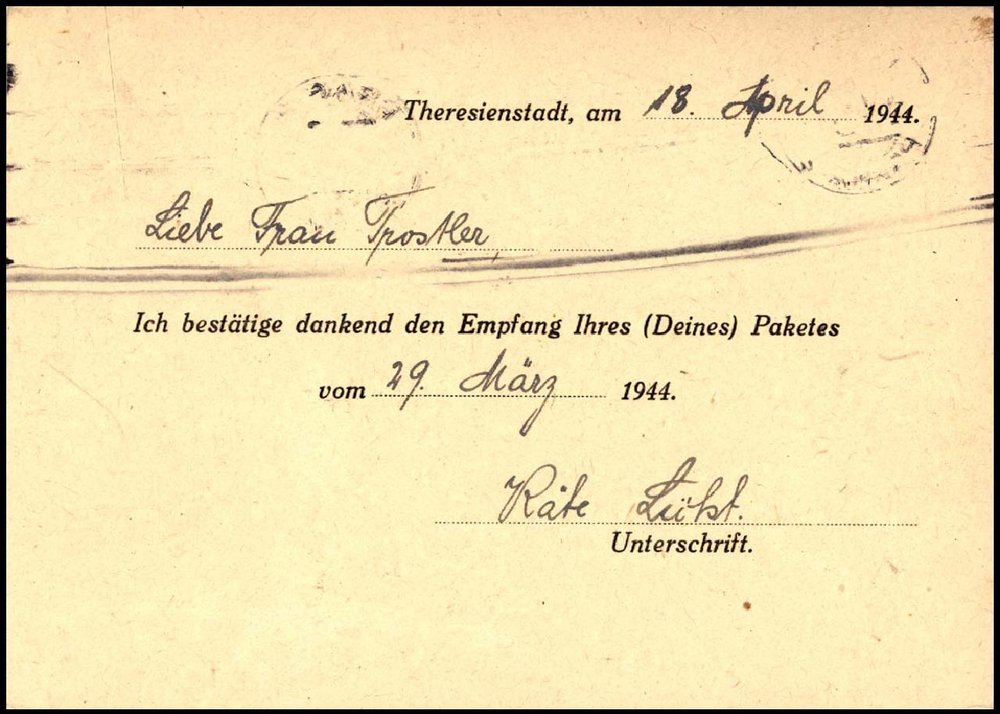 Fotografie: Postkarte von „Käte Licht“, geschrieben von Alice Licht an Emmy Trostler, 18. April 1944