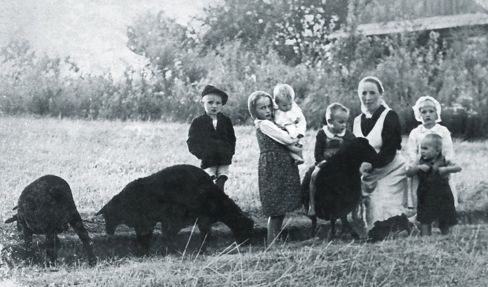 Fotografie: Wiktoria Ulma und ihre sechs Kinder, von links: Władysław, Stanisława mit Maria, Franciszek (sitzend auf dem Schaf), Wiktoria, Barbara und Antoni, Markowa 1943