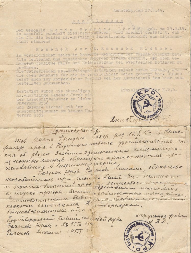 Fotografie: Schreiben der KPD-Kreisleitung, das Frieda Lösers Hilfe für die jüdischen Brüder Rozenek bestätigt, Annaberg-Buchholz, 17. Mai 1945