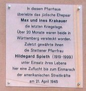 Commemorative plaque for Hildegard Spieth on the parish house in Kernen-Stetten, 2004.