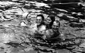 Janka, Pavel, and Marianna Spitzer with Vojtech Kolenka (left to right), on a bathing excursion to the Vyšné Ružbachy spa, 1938.