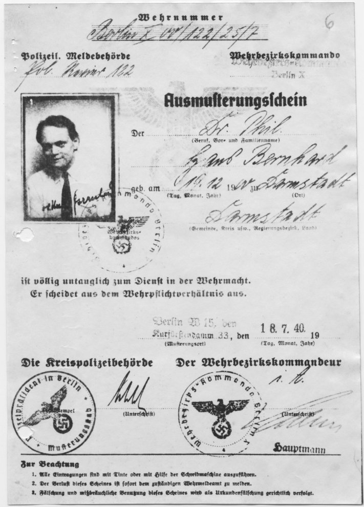 Fotografie: Ausmusterungsschein von Hans Bernhard, Berlin, 18. Juli 1940