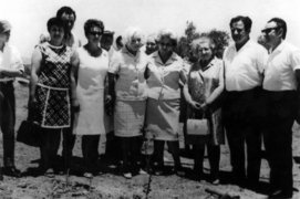 Sofija Binkienė (front, 4th from left) with some of the Jews she rescued, including Adina Segal (3rd from left) and Samuel Segal (2nd from right), during the ceremony in her honor at the Yad Vashem Memorial Center, Jerusalem, 1967.