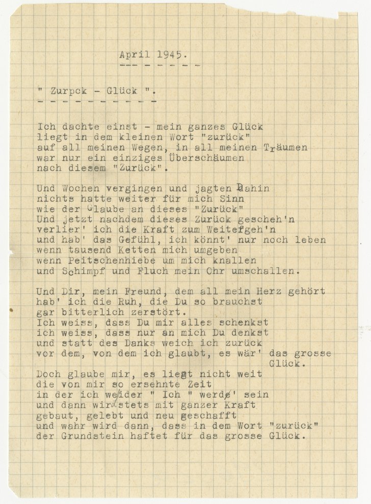 Fotografie: Gedicht „Zurück – Glück“ von Alice Licht an Otto Weidt, April 1945