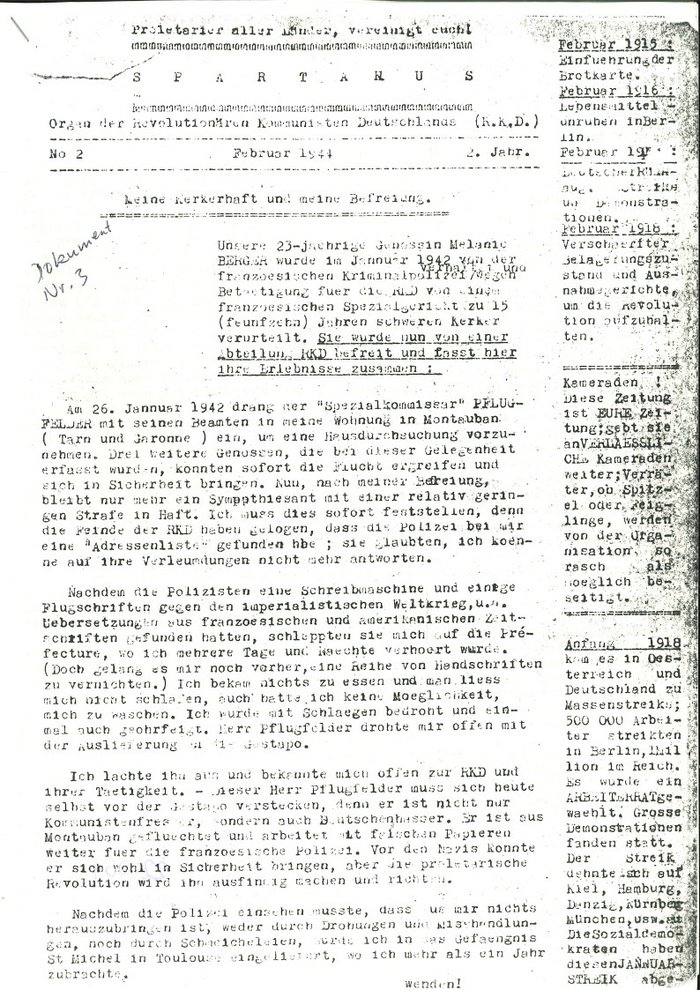 Fotografie: Bericht von Melanie Berger über ihre Flucht aus dem Gefängnis, veröffentlicht in der Untergrundzeitung Spartakus im Februar 1944