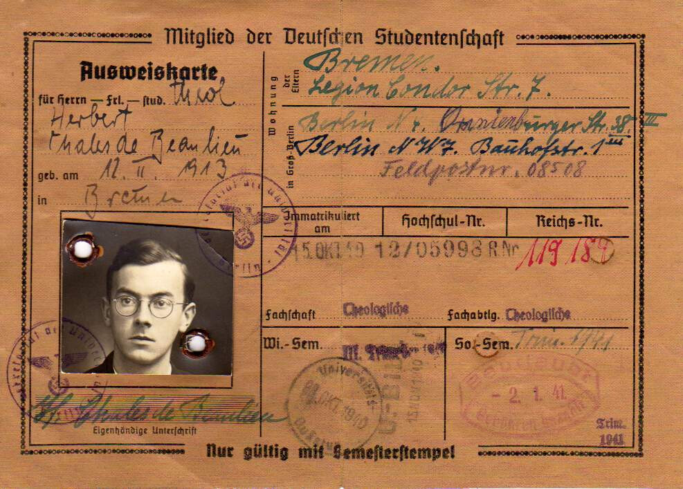 Fotografie: Studentenausweis von (Franz) Herbert Chales de Beaulieu, Sommersemester 1941